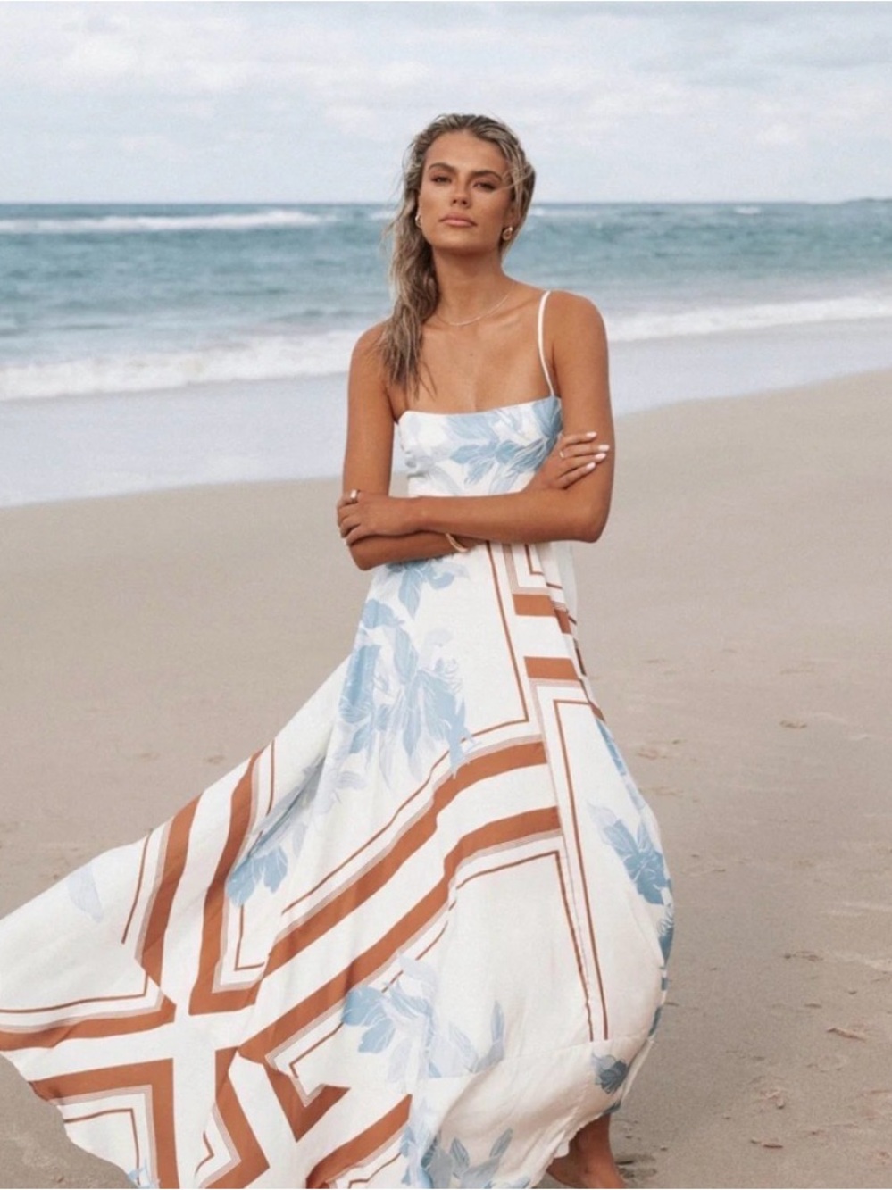 Petal & Pup White Maxi Dress with Light Blue Floral & Tan Geometric Stripes